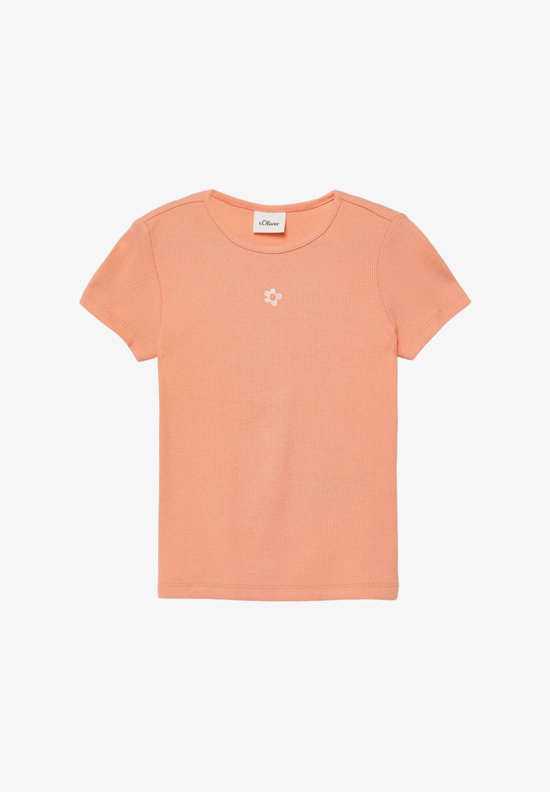T-shirt pêche côtelé à manches courtes pour enfants avec un petit détail de fleur blanche au centre devant.