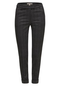 Pantalon slim gris foncé avec un motif à carreaux subtil, passants de ceinture, poches avant et ourlets revers.