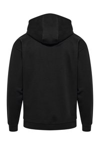 Svart huvtröja med en slät yta, med en mittsöm bak och ribbade ärmslut och nederkant. Minimalistisk design, inga synliga logotyper.