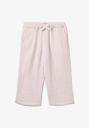 Pantalon rose clair pour tout-petit avec taille élastique, nœud en tissu, poches latérales et texture matelassée.