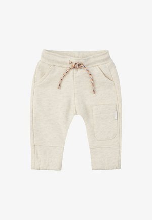 Beige Jogginghose aus weichem Material, mit elastischem Bund, verstellbarem Kordelzug und seitlichen Taschen. Dezentes Texturdetail.