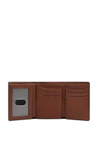 Brown leather wallet with a textured finish, featuring a clear ID window, multiple card slots, and a compact, bifold design.