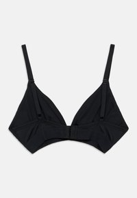 Μαύρο μαλακό σουτιέν με ρυθμιζόμενους ιμάντες ώμου και εμπρόσθιο κούμπωμα με αγκράφες, τοποθετημένο επίπεδα σε λευκό φόντο.