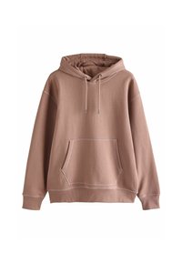 Brown hooded sweatshirt featuring a front pocket, drawstrings, and contrasting stitching details. Made of soft, textured material.