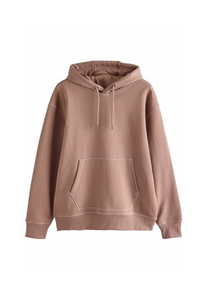 Bruine hoodie met een voorzak, trekkoorden en contrasterende stikdetails. Gemaakt van een zachte, textuur rijke stof.