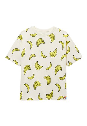 T-shirt crème à manches courtes orné de bananes jaunes dispersées dans différentes directions, avec un col rond et une coupe décontractée.