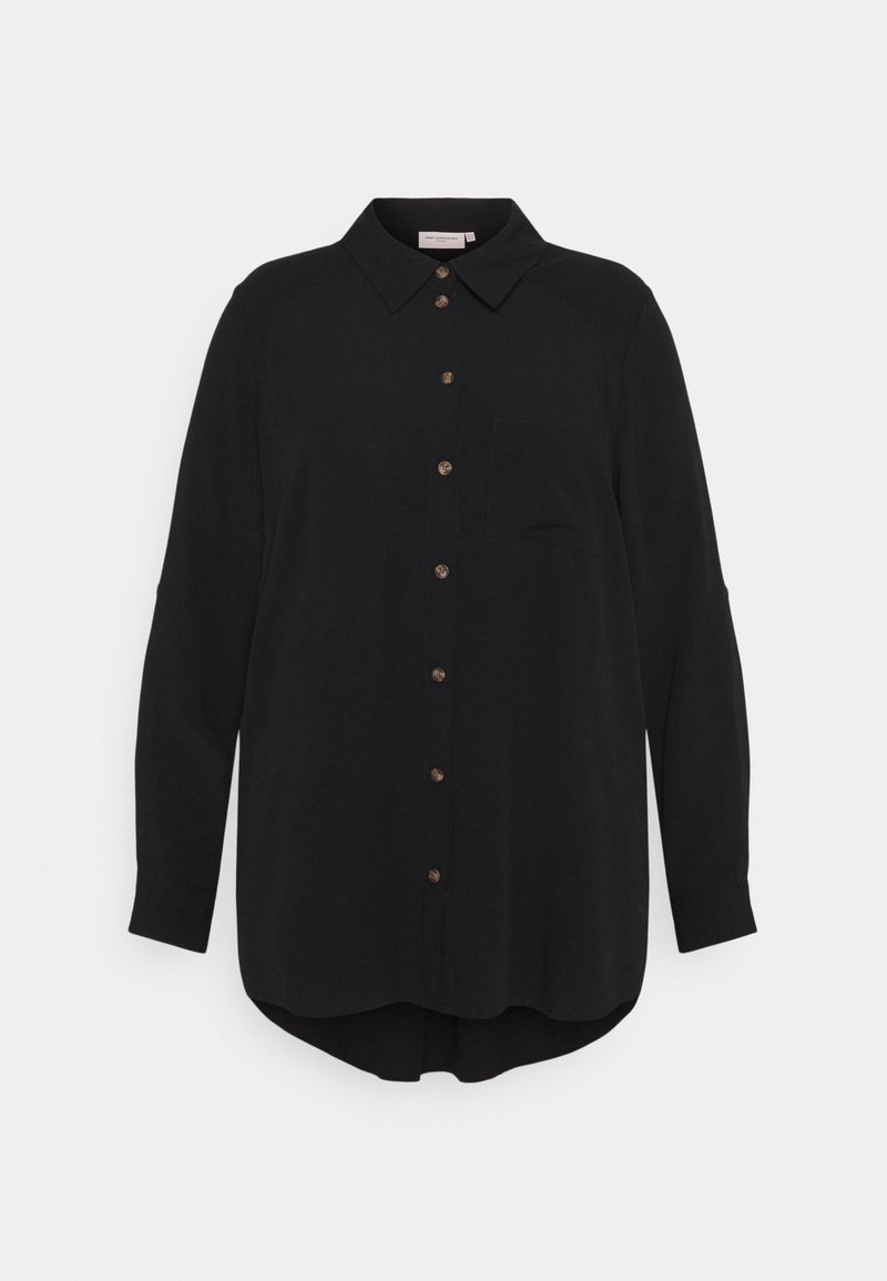 Black long-sleeve button-up shirt with pointed collar, single chest pocket, and curved hem, displayed on a white background.