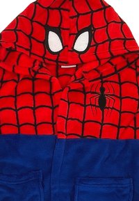 Red and blue hooded robe featuring a spider web pattern, large white eyes, and a black spider emblem. Made of soft, textured fabric.