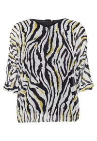 Lehká blůza se zebřím potiskem v černobílé barvě s výraznými žlutými akcenty. Má kulatý výstřih a rukávy tříčtvrtě.