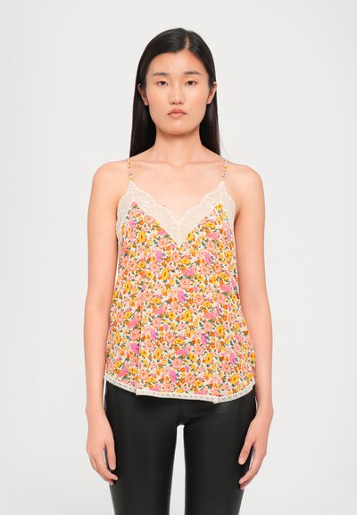 Floral-patterned sleeveless top in light fabric, featuring lace trim at the neckline and hem. Colors include pink, orange, and yellow flowers.