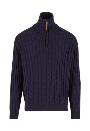 Námořnická modrá obdélníková pletená mikina s vysokým límcem, která má polo-zip uzávěr, texturovaný kabelkový vzor a žebrované manžety.