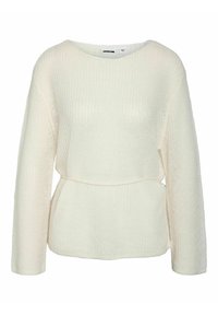 Maglione lavorato a maglia color crema con maniche lunghe, scollo ampio e dettaglio in vita con cintura. La texture è morbida e leggermente a coste.