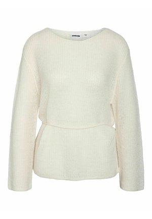 Kreemikas kudumiga kampsun pikkade varrukatega, lai kaelusega ja vöödetailiga vöökohas. Tekstuur on pehme ja veidi ribitud.