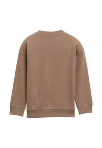 Sweatshirt marron avec un col rond, des épaules tombantes et des poignets côtelés. Texture lisse, design minimaliste, pas de logos ni de motifs visibles.