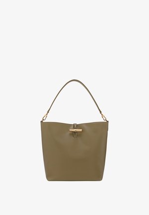Olive green leather tote bag with a wide opening, gold hardware accent, and a single shoulder strap. Smooth texture and minimalist design.