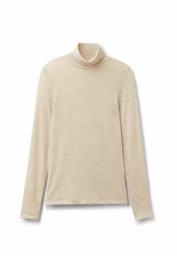 Heller beiger Rollkragen-Pullover mit langen Ärmeln. Weiche Textur mit einem dezenten Melange-Muster. Verfügt über einen hohen Kragen und einen schlichten, geraden Schnitt.