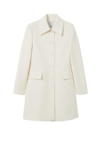 Crème jas met een gestructureerd ontwerp, lange mouwen, hoge kraag en sluiting met knopen aan de voorkant. Voorzien van twee voorzakken. Zachte textuur.