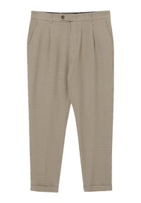 Pantalons beiges à motifs avec un design à carreaux, dotés d'une fermeture éclair, d'un bouton et de deux poches avant. Le matériau semble lisse et léger.