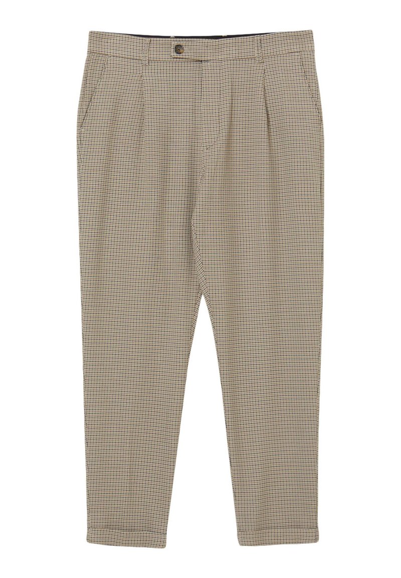 Pantalons beiges à motifs avec un design à carreaux, dotés d'une fermeture éclair, d'un bouton et de deux poches avant. Le matériau semble lisse et léger.