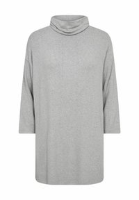 Gray oversized top with a cowl neck, three-quarter sleeves, soft texture, and a relaxed silhouette, suitable for casual wear.