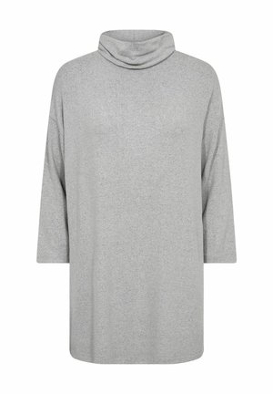 Un top gris surdimensionné avec un col drapé, des manches trois-quarts, une texture douce et une silhouette décontractée, adapté pour un style décontracté.