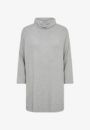 Harmaa ylisuuri paita, jossa on rypytys kaula-aukko, kolmisäteiset hihat, pehmeä tekstuuri ja rento siluetti, sopii arkikäyttöön.