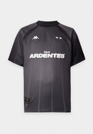 Schwarzes kurzärmeliges Sporttrikot mit weißem Text "les ARDENTES", zwei weißen Sternen auf der Brust und Kappa-Markenlogos vorne und am Ärmel.
