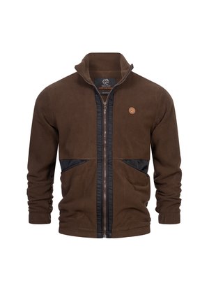 Bruine fleece jas met een zwarte ritssluiting aan de voorkant, voorzien van twee zwarte paneelaccenten en een klein logo op de borst. Comfortabele, zachte textuur.