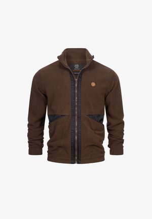 Braune Fleecejacke mit einem schwarzen Reißverschluss vorne, die zwei schwarze Panelelemente und ein kleines Logo auf der Brust aufweist. Bequeme, weiche Textur.