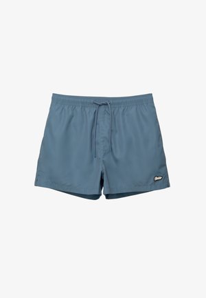 Pantaloni da bagno blu realizzati in materiale leggero, con vita elastica e cordino, e un piccolo logo sul lato.