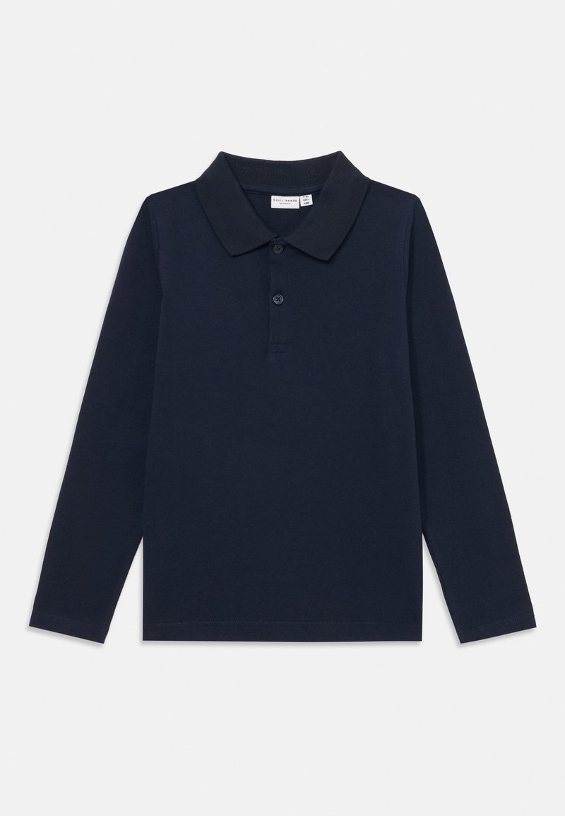 Tengerészkék, hosszúujjú, pamut pólóing, klasszikus gallérral, három gombos felső résszel és sima, egyenletes textúrával.