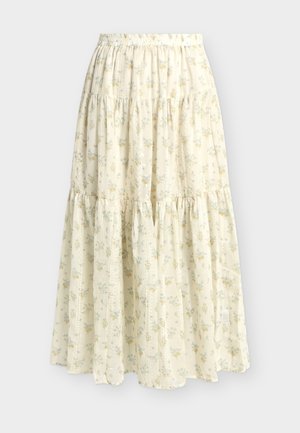 Μάξι φούστα με στρώσεις σε κρεμ απόχρωση, ελαφρύ ύφασμα, διακριτό λουλουδάτο σχέδιο σε απαλά κίτρινα και πράσινα χρώματα και ελαστική μέση.