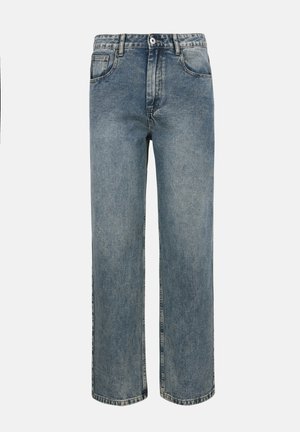 Blauwe jeans met rechte pijpen en een hoge taille, voorzien van een knoop- en ritssluiting aan de voorkant, riemlussen en het klassieke ontwerp met vijf zakken.