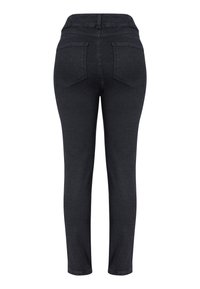 Jeans in denim scuro con una vestibilità slim, vita alta, due tasche posteriori e senza chiusure o decorazioni visibili.