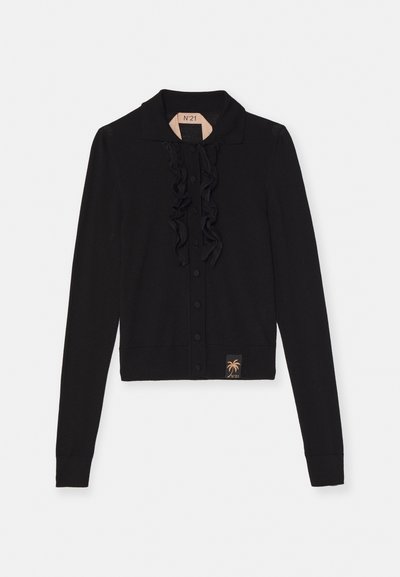 Black long-sleeve cardigan featuring a collared neckline, ruffled front detail, and a palm tree logo at the hem. Soft, knit fabric.