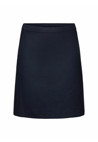 Jupe trapèze bleu marine foncé longueur genou avec une ceinture ajustée et un tissu lisse, présentée sur fond blanc.