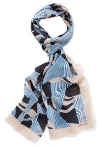 Écharpe à motifs présentant des dessins bleus, noirs et crème, confectionnée en tissu léger avec des bords frangés et une texture douce.