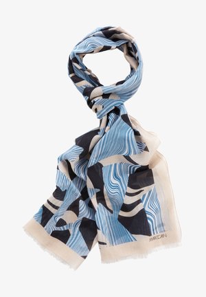 Écharpe à motifs présentant des dessins bleus, noirs et crème, confectionnée en tissu léger avec des bords frangés et une texture douce.