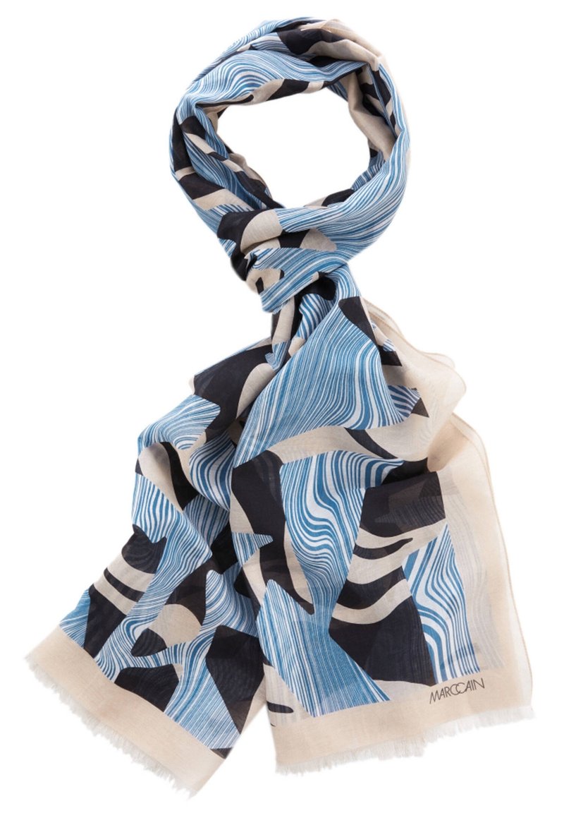 Écharpe à motifs présentant des dessins bleus, noirs et crème, confectionnée en tissu léger avec des bords frangés et une texture douce.