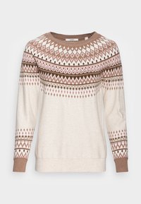 Strickpullover mit Rundhalsausschnitt, in warmem Beige, und gemusterten Akzenten in Braun, Pink und Weiß über die Brust und Ärmel.
