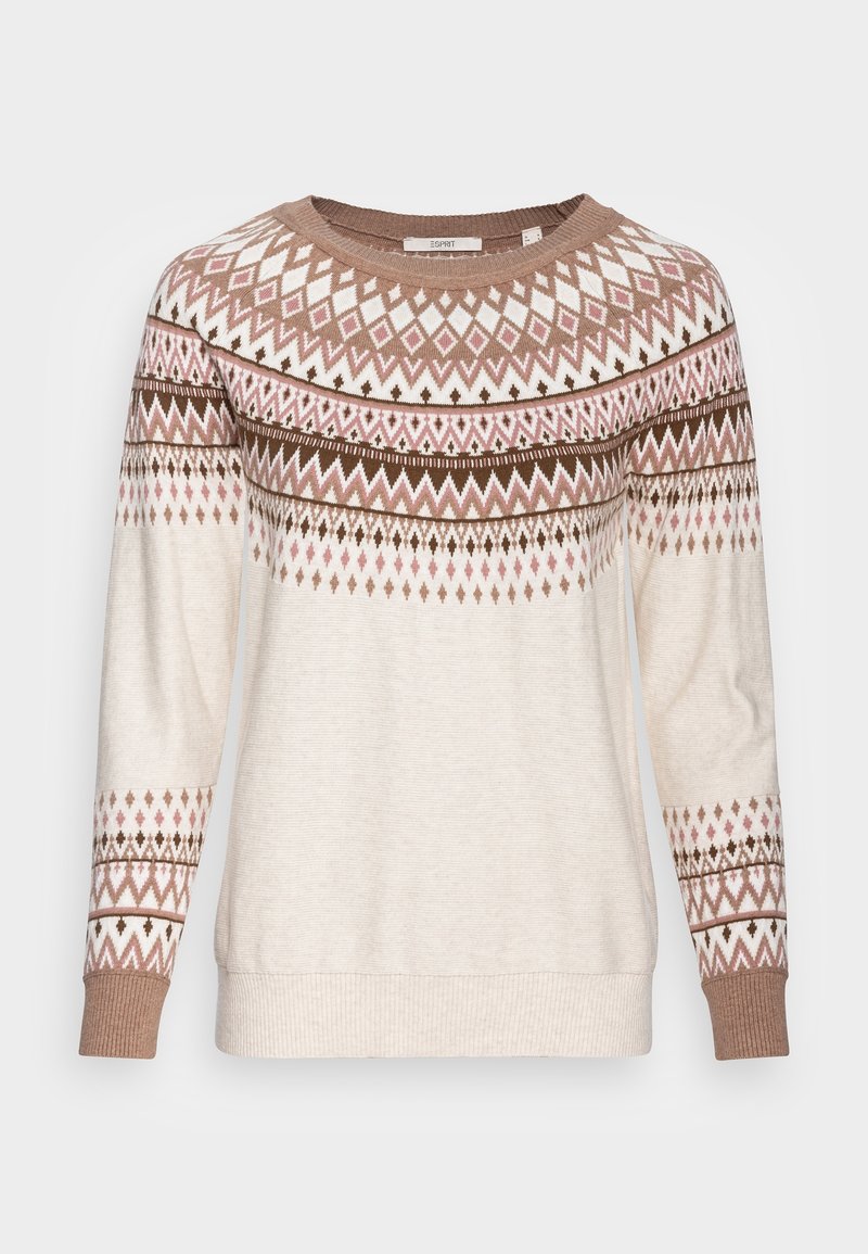 Strickpullover mit Rundhalsausschnitt, in warmem Beige, und gemusterten Akzenten in Braun, Pink und Weiß über die Brust und Ärmel.