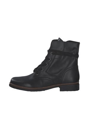 Bottes noires en cuir jusqu'à la cheville avec un bout rond, un laçage à l'avant et un design cousu. Présente un petit talon carré et une texture lisse.