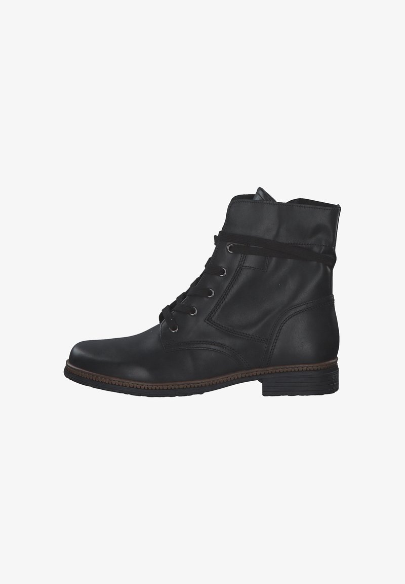 Black leather ankle boots with a round toe, lace-up front, and a stitched design. Features a low block heel and smooth texture.
