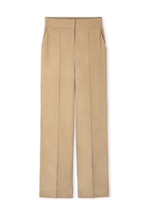 Beige, hoge taille, wijde broek met een gladde textuur, twee zijzakken en gestikte plooien aan de voorkant.