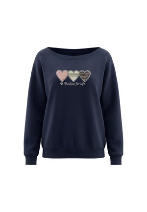 Navyblå langærmet sweatshirt med tre flerfarvede hjerter og teksten "Positive for life" foran.