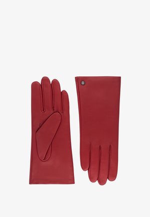Guanti in pelle rossa con cinque dita, una texture liscia e un piccolo pulsante con logo su un guanto. Progettati per caldo e stile.