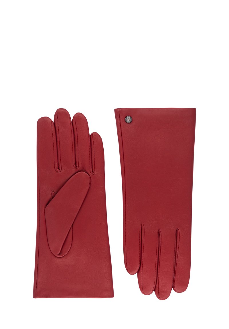 Guanti in pelle rossa con cinque dita, una texture liscia e un piccolo pulsante con logo su un guanto. Progettati per caldo e stile.