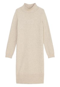 Beige gestricktes Kleid mit hohem Kragen und langen Ärmeln. Verfügt über einen gerippten Saum und gerippte Bündchen, hergestellt aus einem weichen, strukturierten Stoff.
