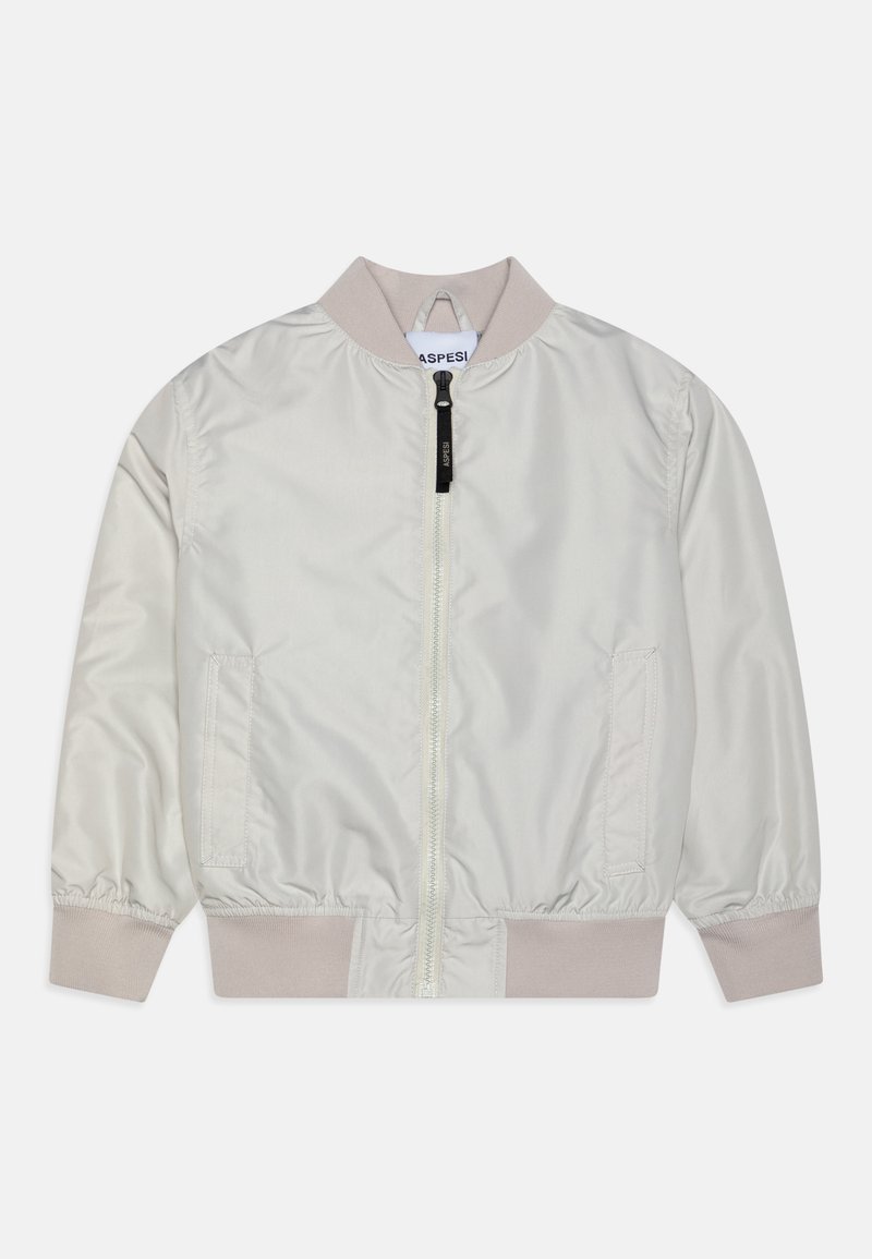 Veste bomber gris clair avec un col côtelé, une fermeture éclair à l'avant et des poignets élastiques. Comprend des poches latérales et une texture de tissu lisse.