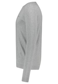 Light gray long-sleeve sweater shown from the side, featuring a crew neck and ribbed cuffs and hem.